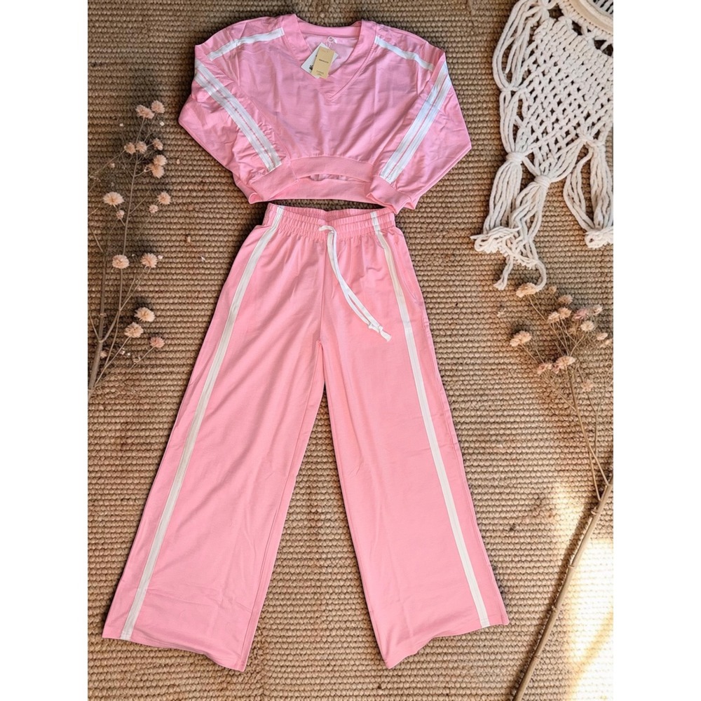 Womens Pink 2 Piece Lounge Set Size Small – Wide Leg Pants & Crop Top  *NWT*